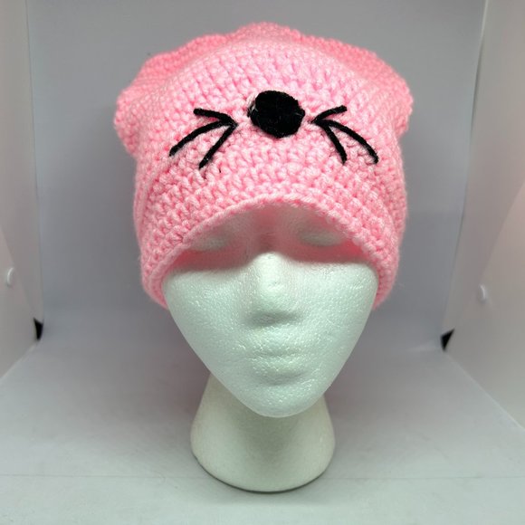 Handmade Accessories - Handmade Crochet Light‎ Pink Knit Cap w/Black Accent OS